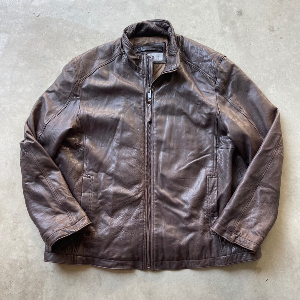 Marc New York Andrew Marc Brown Leather Cafe Racer Jacket XXL Moto Biker Quilted